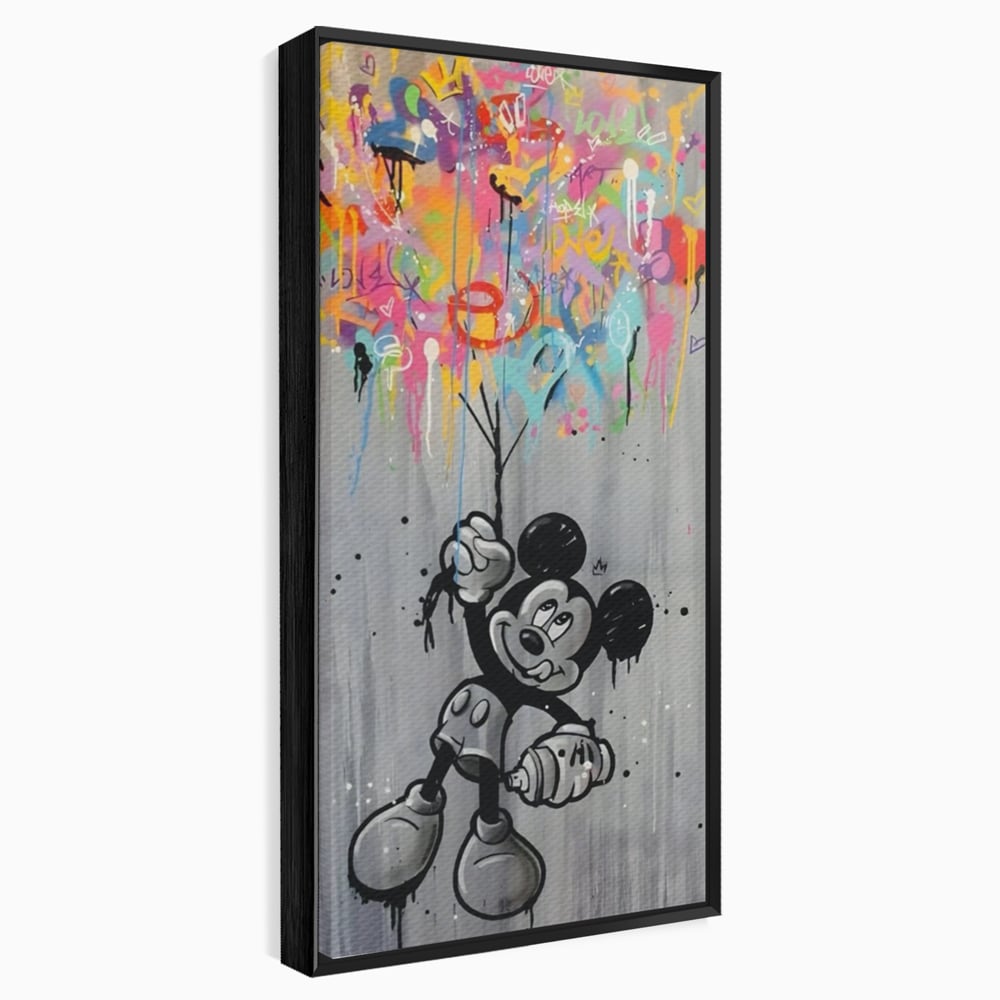 Tablou canvas cu tablou canvas cu mickey mouse si baloane, in rama de aluminiu negru